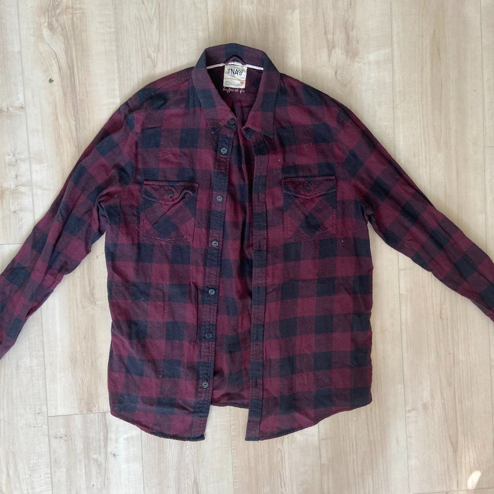 Tna Boyfriend Fit Flannel - Burgundy Buffalo Check
